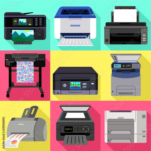 Office printer icon set. Flat set of 9 office printer vector icons for web design isolated on white background
