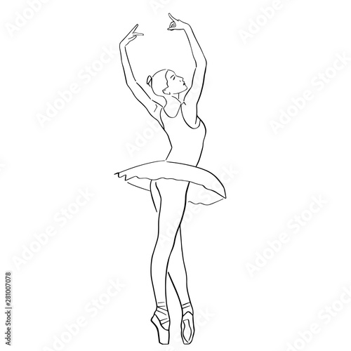 Ballerina in ballet tutu and pointe shoes on her toes. Classical dancer silhouette in elegant pose. Hand drawn outlines. Black lines drawing. Abstract vector isolated contour.