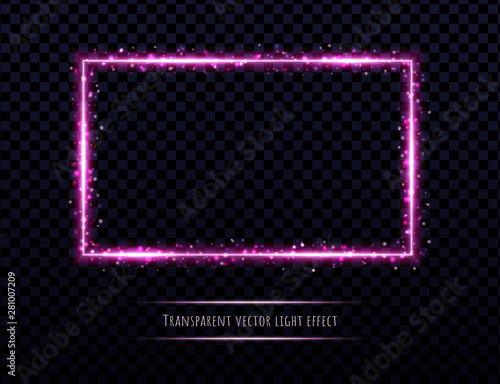 Pink neon frame with light effects isolated on transparent background. Shining rectangle border with glowing sparkles.
