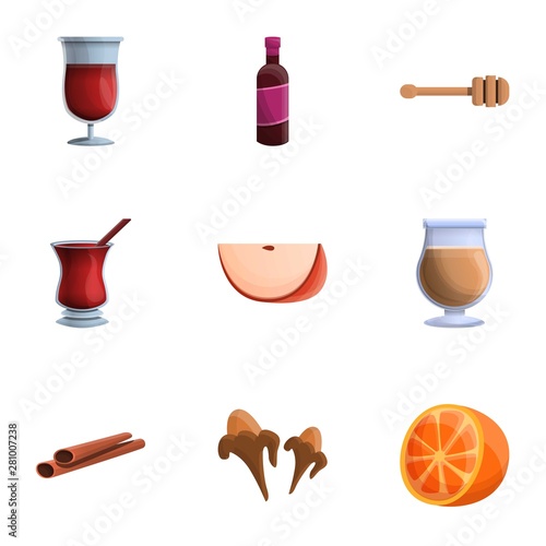 Orange mulled wine icon set. Cartoon set of 9 orange mulled wine vector icons for web design isolated on white background