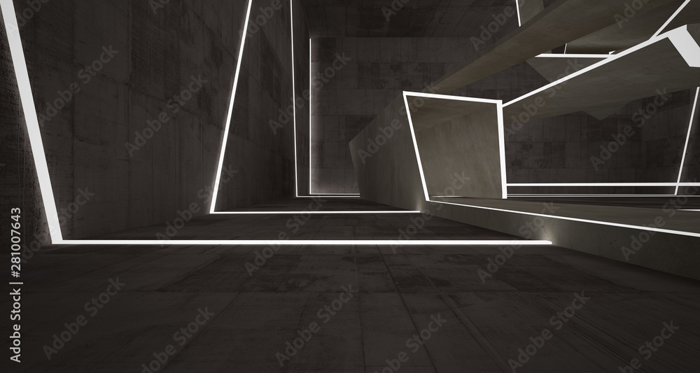 Abstract brown and beige concrete interior with neon lighting. 3D illustration and rendering.