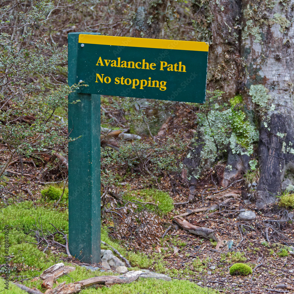 Avalanche warning sign on a New Zealand walking track.