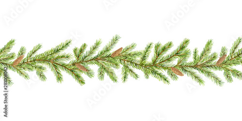 Watercolor vector Christmas garland with fir branches and place for text.