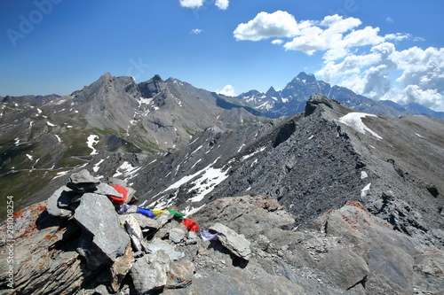 A mountain ridge viewed from Caramantran Peak (above Agnel pass), with mount Viso in the background, Queyras Regional Natural Park, Southern Alps