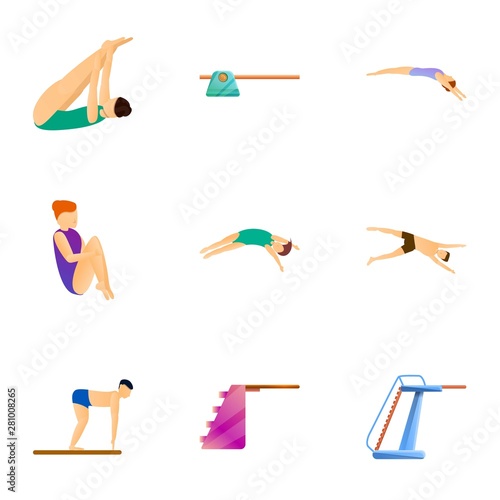 Diving board jump icon set. Cartoon set of 9 diving board jump vector icons for web design isolated on white background