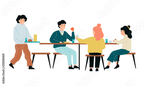 Children in the school canteen. People eating