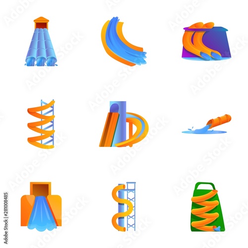 Modern aquapark icon set. Cartoon set of 9 modern aquapark vector icons for web design isolated on white background