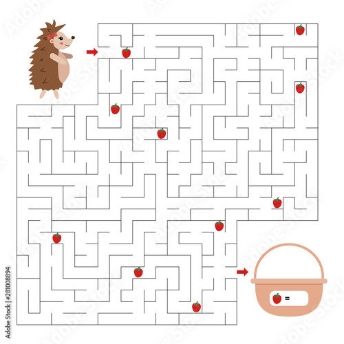 Maze game for kids. Help the hedgehog find right way to her basket. How many strawberries she found. Vector cartoon character. Educational worksheet. photo