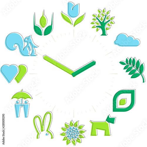 Spring time. Activities icons in a watch sphere with hours.