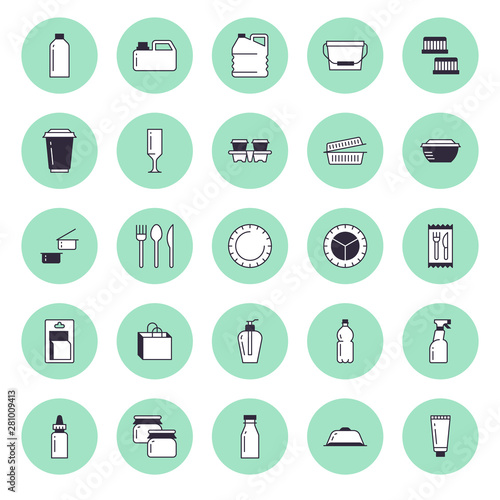 Plastic packaging, disposable tableware line icons. Product packs, container, bottle, canister, plates cutlery. Container thin signs for shop, synthetic material goods production