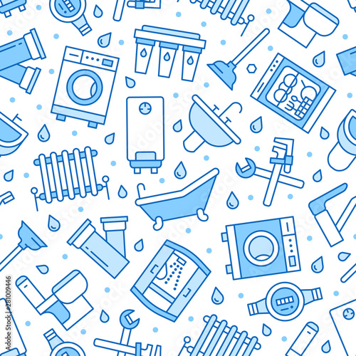 Plumbing service vector seamless pattern with flat line icons of house bathroom equipment, faucet toilet, washing machine, dishwasher. Plumber repair illustration, thin linear signs, handyman service
