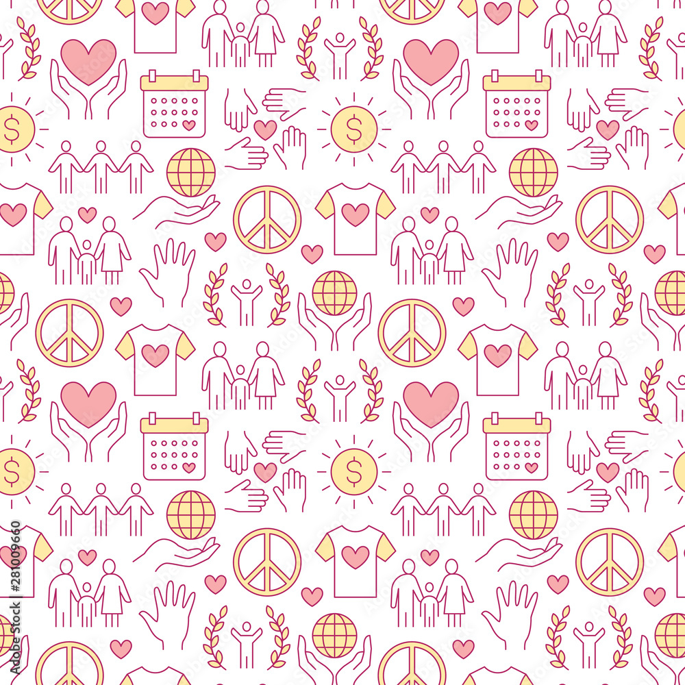 Charity vector seamless pattern with flat line icons. Donation, nonprofit organization, NGO, giving help illustrations. Pink white color background, wallpaper for donating, volunteer community poster