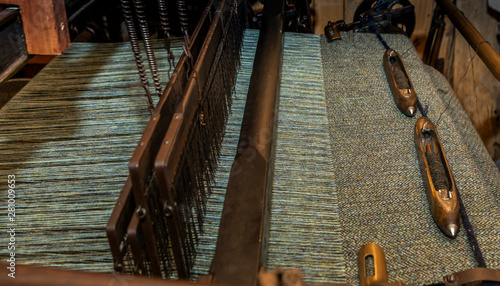 close up of an old traditional Scottish weaving loom for weaving Harris Tweed