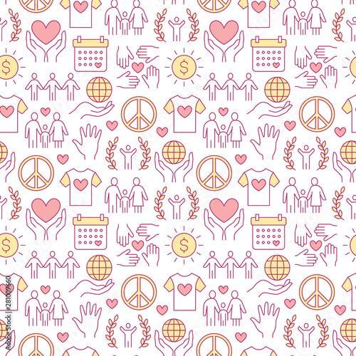 Charity vector seamless pattern with flat line icons. Donation, nonprofit organization, NGO, giving help illustrations. Pink white color background, wallpaper for donating, volunteer community poster