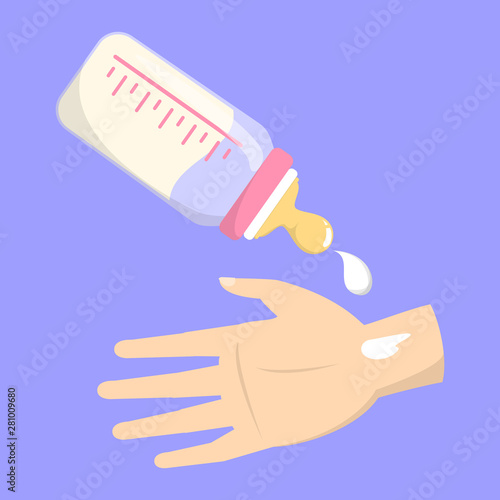 Testing the baby milk temperature on the wrist.
