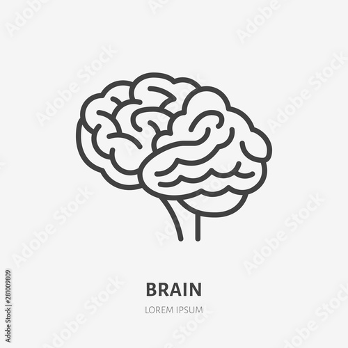 Brain flat line icon. Vector thin pictogram of human internal organ, outline illustration for neurology clinic, psychology