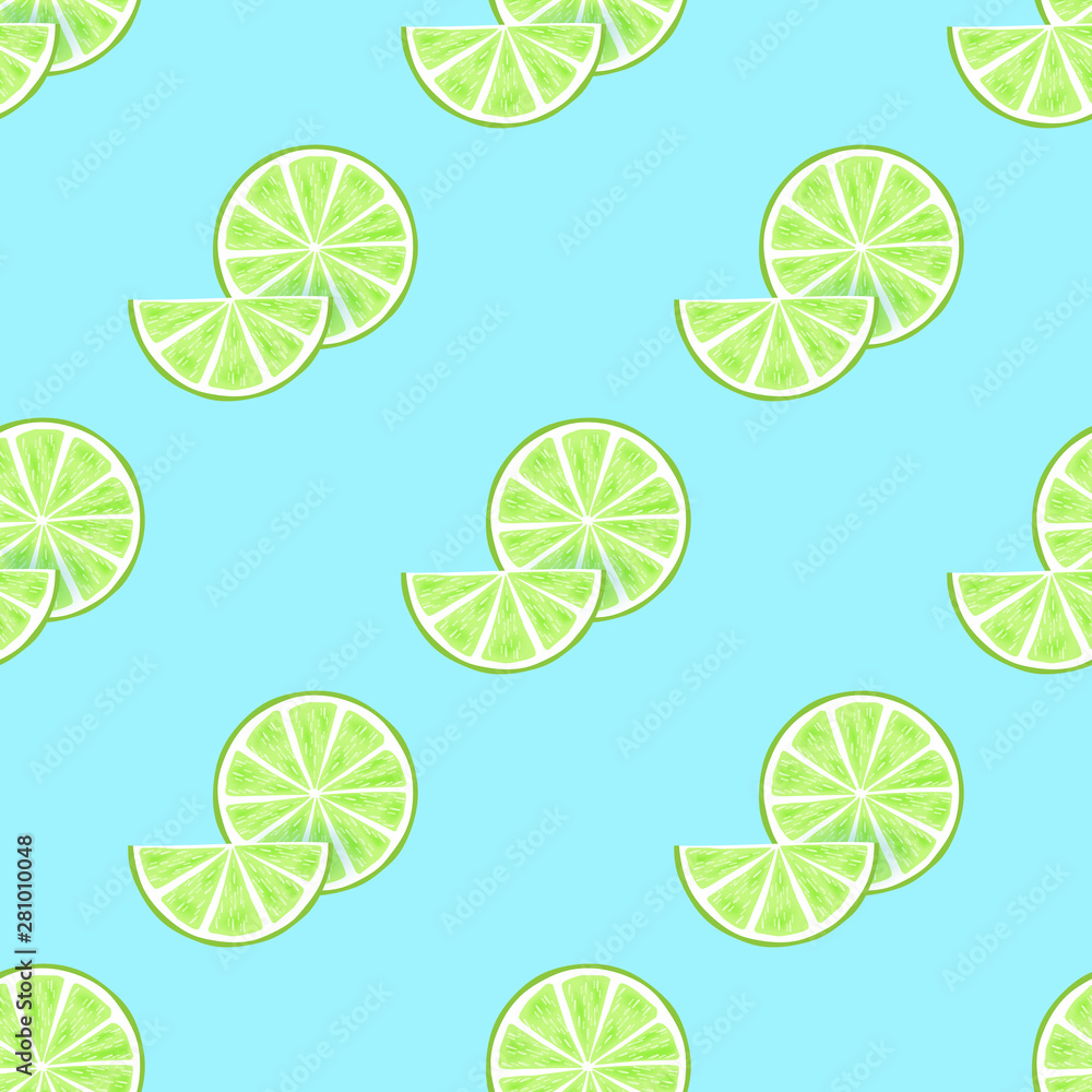 Ripe juicy tropical lime background. Vector card illustration. Closely spaced fresh citrus green lemon fruit peeled, piece of half, slice. Seamless pattern for packaging design healthy food, diet juce Ripe juicy tropical lime background. Vector card illustration. Closely spaced fresh citrus green lemon fruit peeled, piece of half, slice. Seamless pattern for packaging design healthy food, diet juce