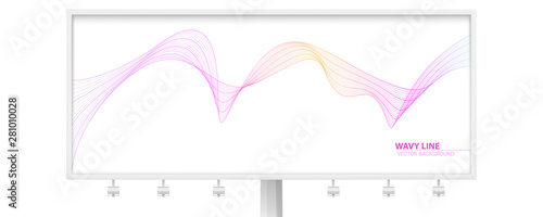 Billboard with dynamic flowing waves isolated on white background. Twisted lines, abstract wavy spun stripes. Graphics concept of flow, music, technology, science. Line art, vector design elements