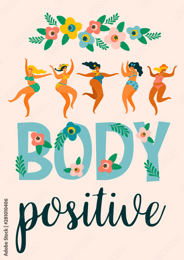 Fototapeta premium Ciało pozytywne. Szczęśliwe dziewczyny plus size tańczą w kostiumach kąpielowych.