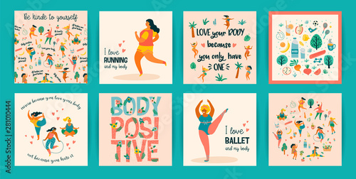 Body positive. Vector templates. Happy plus size girls and active healthy lifestyle.