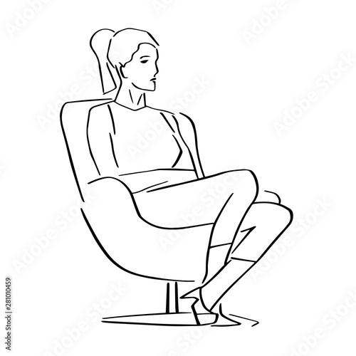 Young woman sitting in armchair in a closed pose. Silhouette of the interviewer, interviewee, correspondent, questioner or TV host. Hand drawn outlines. Black lines drawing. Abstract isolated contour.