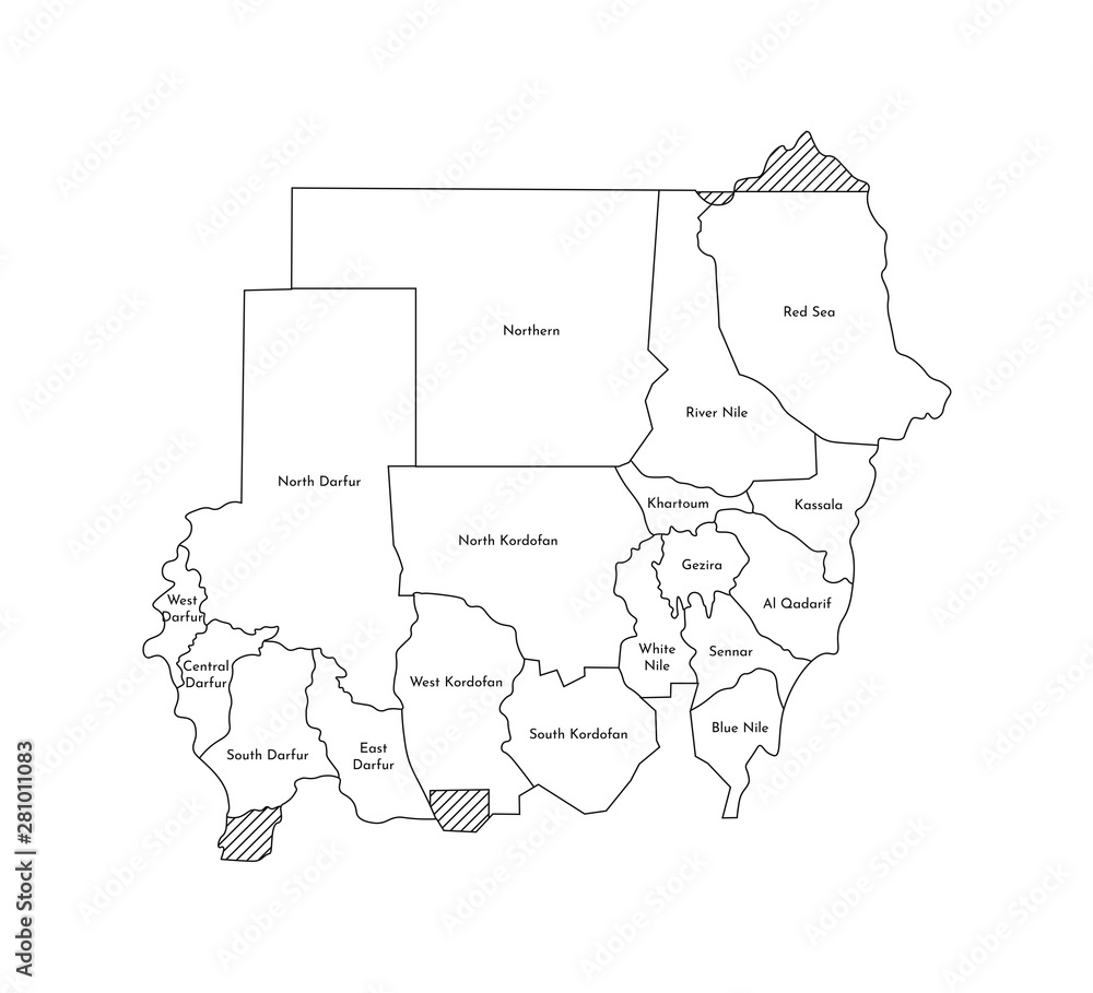 Vector isolated illustration of simplified administrative map of Sudan. Borders and names of the regions. Black line silhouettes