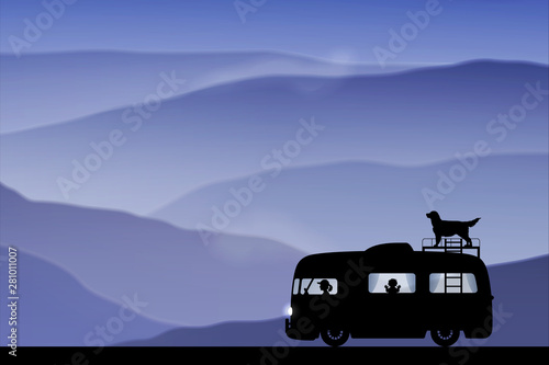 Cartoon retro car on road at dusk. Vector illustration with silhouettes of people and dog traveling in camper. Family road trip. Background with mountain foggy landscape