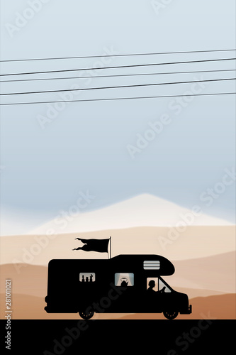 Cartoon retro car on road in autumn. Vector illustration with silhouette of man traveling in camper. Family road trip. Background with mountain foggy landscape