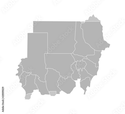 Vector isolated illustration of simplified administrative map of Sudan. Borders of the provinces (regions). Grey silhouettes. White outline