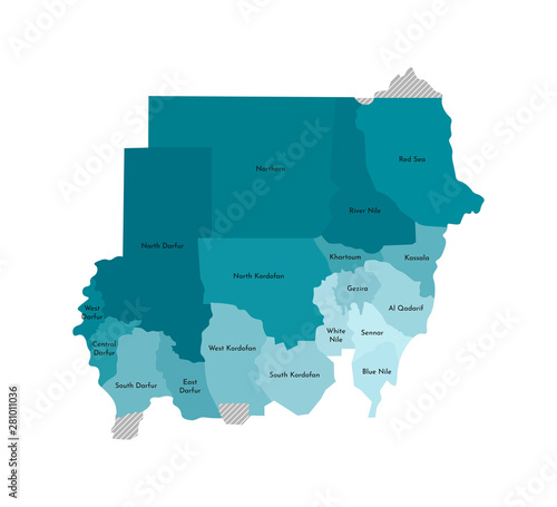 Vector isolated illustration of simplified administrative map of Sudan. Borders and names of the regions. Colorful blue khaki silhouettes photo