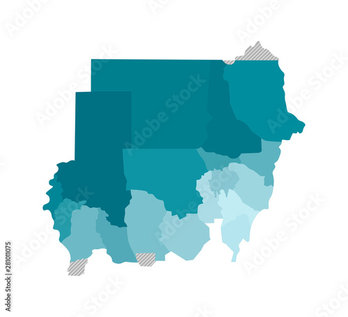Vector isolated illustration of simplified administrative map of Sudan. Borders of the regions. Colorful blue khaki silhouettes