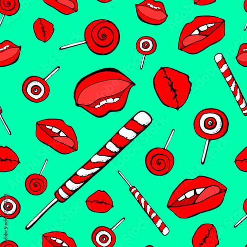 Part of the body, the expression of the lips, to lick the Lollipop. Abstract white seamless background of candy and lips.