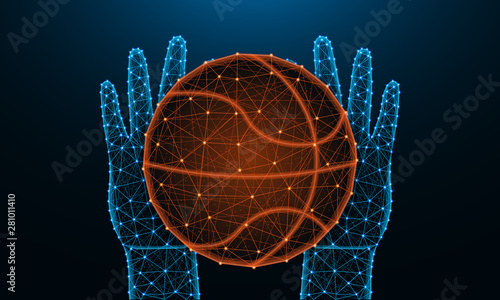 Hands and ball for playing basketball low poly design, sports game in polygonal style, catch or throw the ball wireframe vector illustration made from points and lines on dark blue background