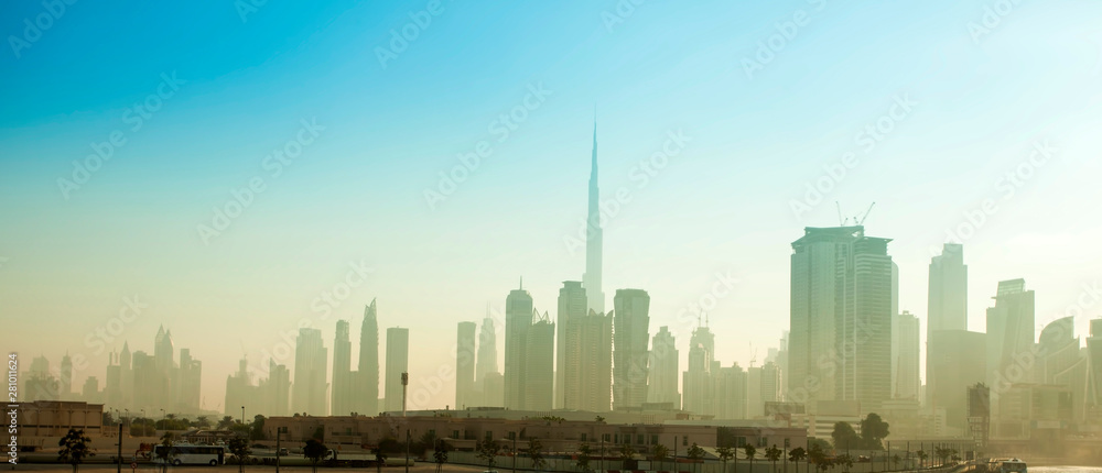 Dubai city skyline in the morning, sunrise