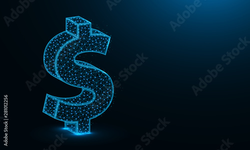 Dollar symbol low poly design, currency of american in polygonal style, finance, money sign wire frame vector illustration made from points and lines on dark blue background