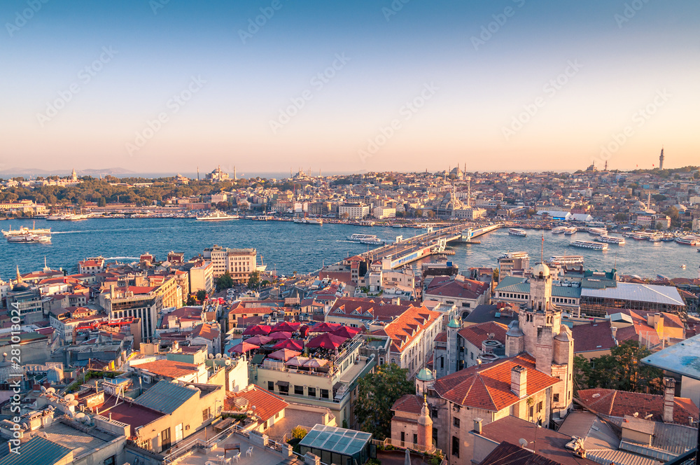 Beautiful sunset aerial view over istanbul historic centre with Galata bridge
