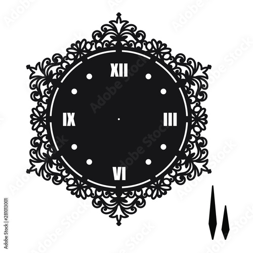 Simple clock face with roman numerals. Vector template of silhouette. Dial for laser cut, wood carving, die cut pattern. Illustration isolated on white background. Openwork stencil with lace ornament.