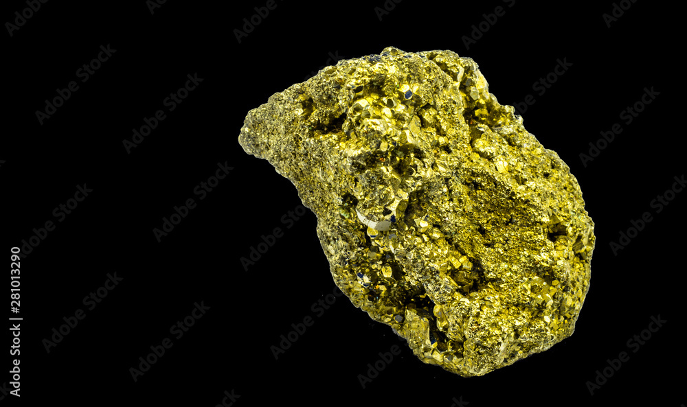 lump of shiny cat gold, pyrite, which looks similar to real gold, isolated against a black background lump of shiny cat gold, pyrite, which looks similar to real gold, isolated against a black background