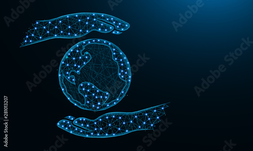Hands hold the planet low poly design, save the earth in polygonal style, protect the environment vector illustration on dark blue background