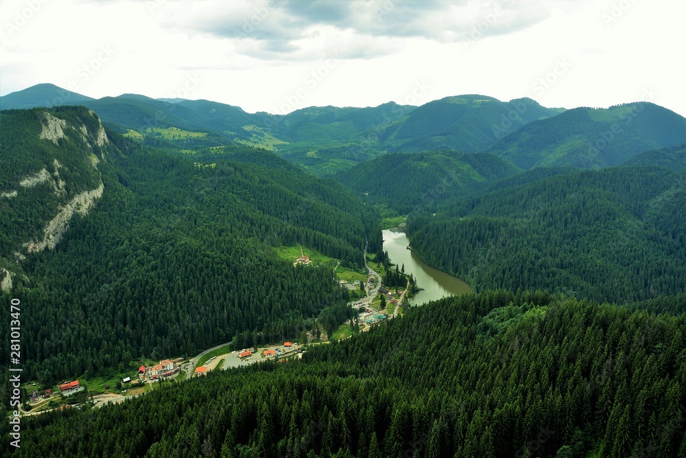 Fototapeta premium Red Lake in Romania seen from above