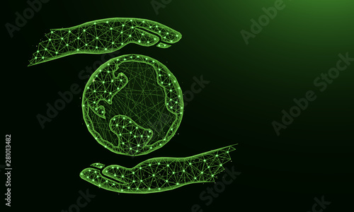 Hands hold the planet low poly design, save the earth in polygonal style, protect the environment vector illustration on dark green background