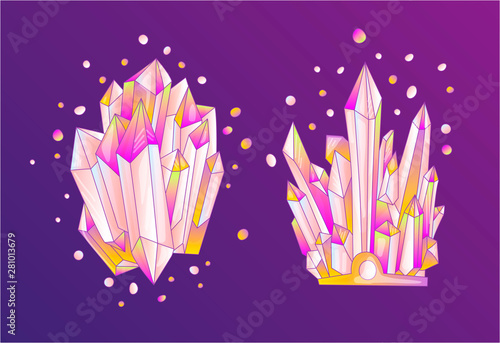 Pink crystal, cartoon cute vector Quartz illustration. Quartz Crystal druse, pink princess grain on violet background. Cartoon pink cute semiprecious stones of Quartz.