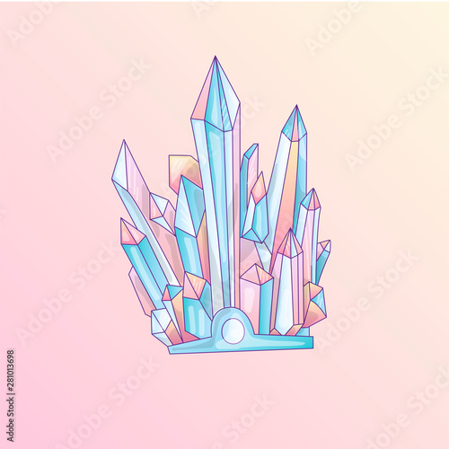 Blue and pink crystal, cartoon cute vector Quartz illustration. Quartz Crystal druse, pink princess grain on pink background. Cartoon red semiprecious stones of blue Quartz, cute bright princess