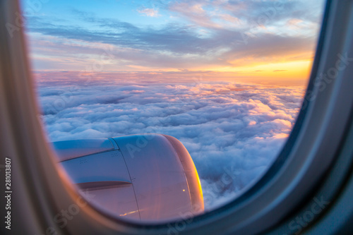 Generic view from airplane window of sunrise over England photo