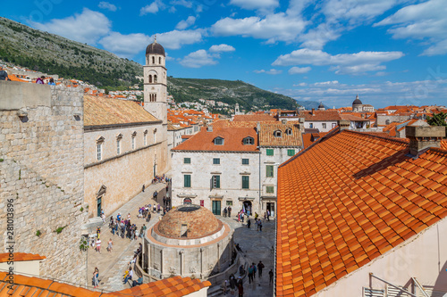 View of red rooftops and Franciscan Church and Monastery, Dubrovnik Old Town, and Adriatic Sea, Dubrovnik, Dalmatia, Croatia photo