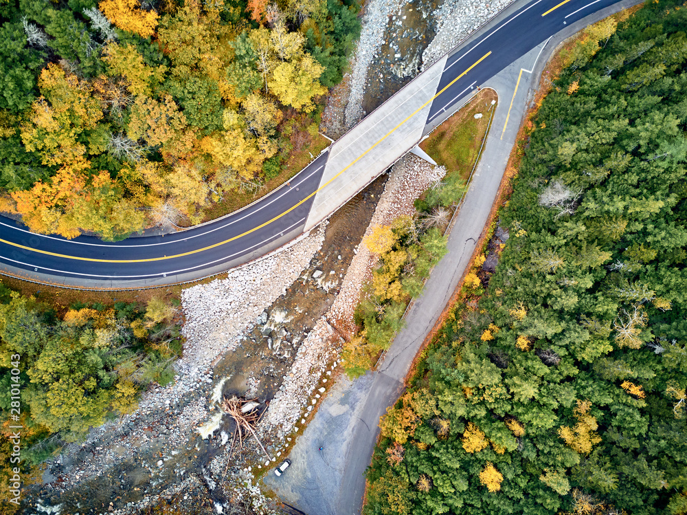Scenic Mohawk Trail winding highway at autumn, Massachusetts, USA. Fall in New England. Aerial drone shot.