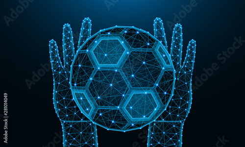 Hands and soccer ball low poly design, football, sports game in polygonal style, catch or throw the ball wireframe vector illustration made from points and lines on dark blue background