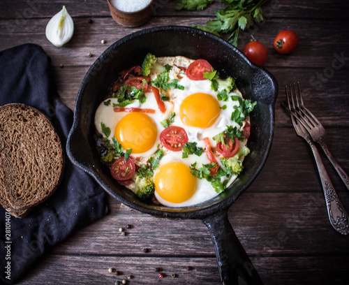 Fried eggs with vegetables, Breakfast