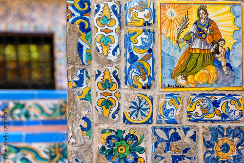 Madrid. Spanish ceramic mosaic. Azulejo tilework. Beautiful Andalusian gardens of Sorolla Museum. Traditional Spanish style. photo
