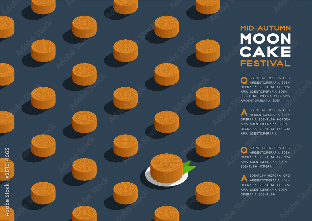 Chinese Mooncake 3D isometric pattern, Mid-autumn Moon festival concept poster and banner horizontal design illustration isolated on blue background with copy space, vector eps 10 Chinese Mooncake 3D isometric pattern, Mid-autumn Moon festival concept poster and banner horizontal design illustration isolated on blue background with copy space, vector eps 10